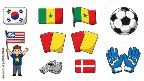 A colorful vector graphic illustration of various international soccer symbols and icons on a