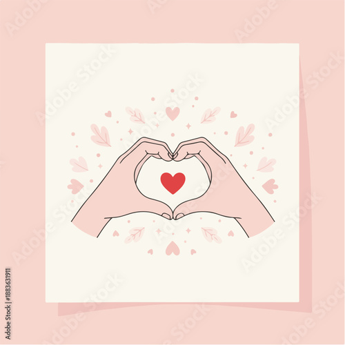 Minimalist Valentine's Day illustration with hands forming a heart shape, pastel pink and red colors, romantic greeting card design, flat vector style.