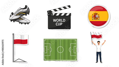 A colorful vector graphic illustration of soccer icons including a shoe, clapperboard, flag, and player