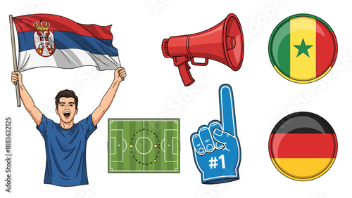 A colorful vector graphic illustration of soccer icons and flags for Germany, Senegal, and Serbia