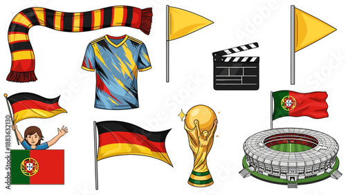 A colorful vector graphic illustration of various soccer symbols and flags on a