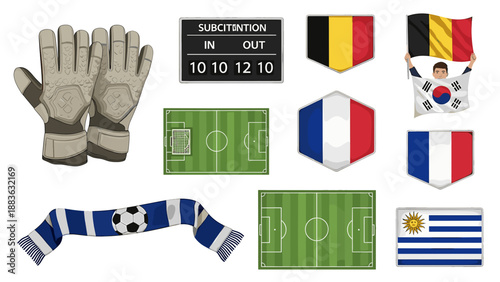 A vector graphic illustration of soccer themed icons including gloves flags and a scoreboard