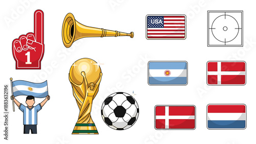 A colorful vector graphic illustration of various soccer themed icons and symbols on a