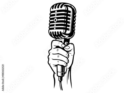 Classic radio microphone held by hand front view