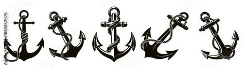 Collection of anchor icons with ropes on transparent