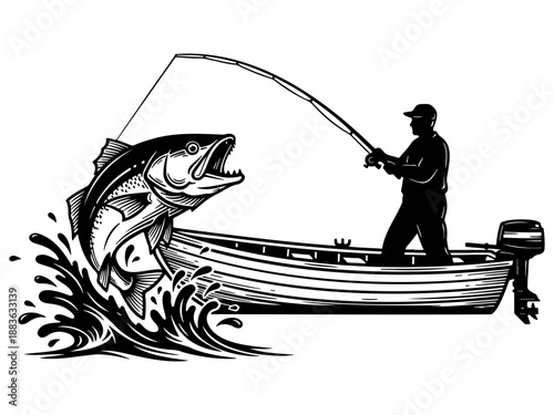 Fisherman catching big fish on boat in ocean splash vector