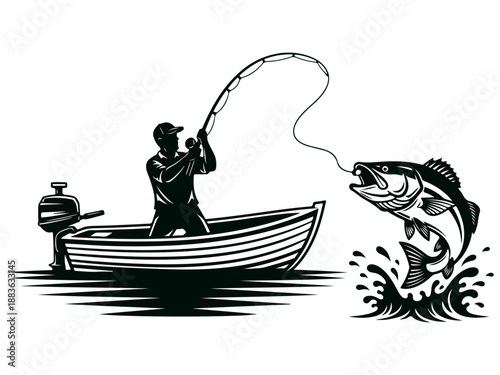 Fisherman in small boat catching big fish jumping water