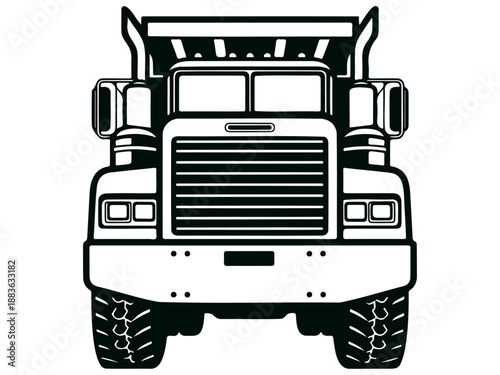 Front view of heavy duty dump truck transportation vehicle