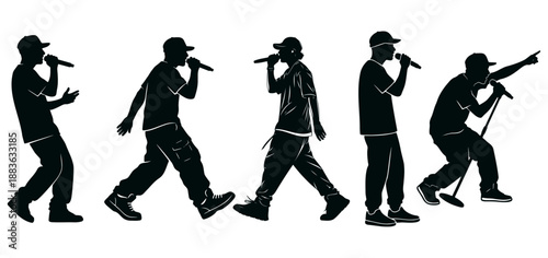 Group of five hip hop singers performing on stage