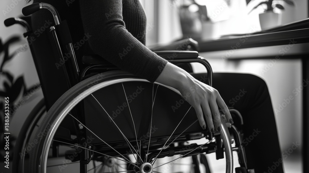 Obraz premium Photograph of an individual seated in a wheel chair with wheels turning over a blurred background, indicating motion or activity.