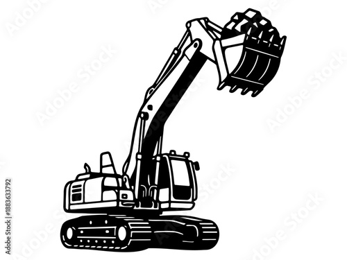 Heavy duty tracked excavator vector black stencil illustration graphic