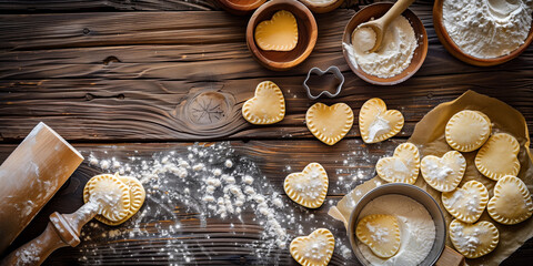 Heart shaped raw ravioli arranged on a wooden table with scattered flour and fresh herbs. Homemade pasta preparation scene, perfect for Valentine's Day or romantic cooking themes