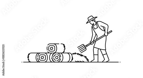 a black and white line drawing depicting a farmer tending to hay bales in a field