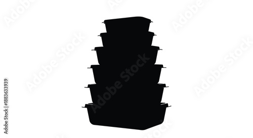 a silhouette of stacked black plastic containers forming a tall tower like structure