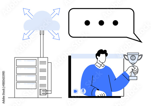 Cloud server connecting to cloud storage, speech bubble for communication, and man in online call holding a trophy. Ideal for IT services, cloud technology, remote work, virtual meetings