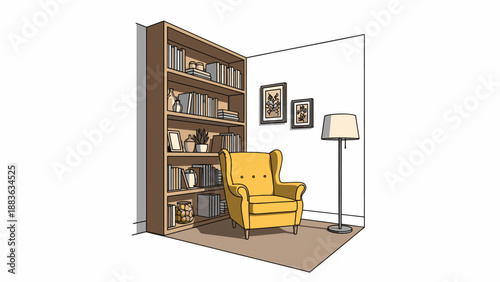 Cozy reading nook with yellow armchair and bookshelf.