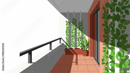Balcony with lush green plants and warm sunlight.