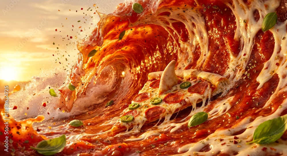 Naklejka premium Explosive Spicy Food Concepts: High Speed Hot Sauce Racing, Surfing Pizza, and Boxing Jalapeno with Fire and Motion