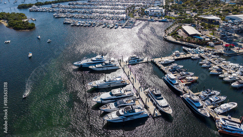 Luxury yachts in marina with sun reflecting on the water 