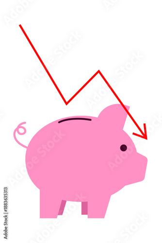 Piggy bank with downward loss arrow illustration. Financial risk and savings deprivation. Perfect for finance, investment, wealth building, stock market, business success graphics. High-res PNG
