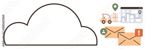 Cloud computing, logistics management, digital communication, navigation systems, shipping solutions, e-commerce services. Cloud outline with emails, maps truck and location pins. Cloud computing