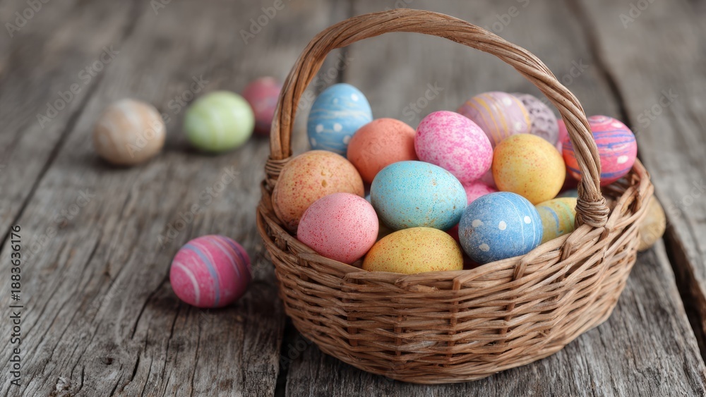 Fototapeta premium Colorful easter eggs in wicker basket on rustic wooden table for seasonal decoration