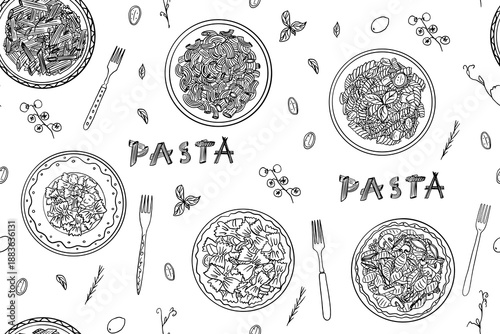Seamless pattern of pasta in a plate with a fork. Pasta of different shapes. Italian Cuisine. Pasta time. Hand drawn. 