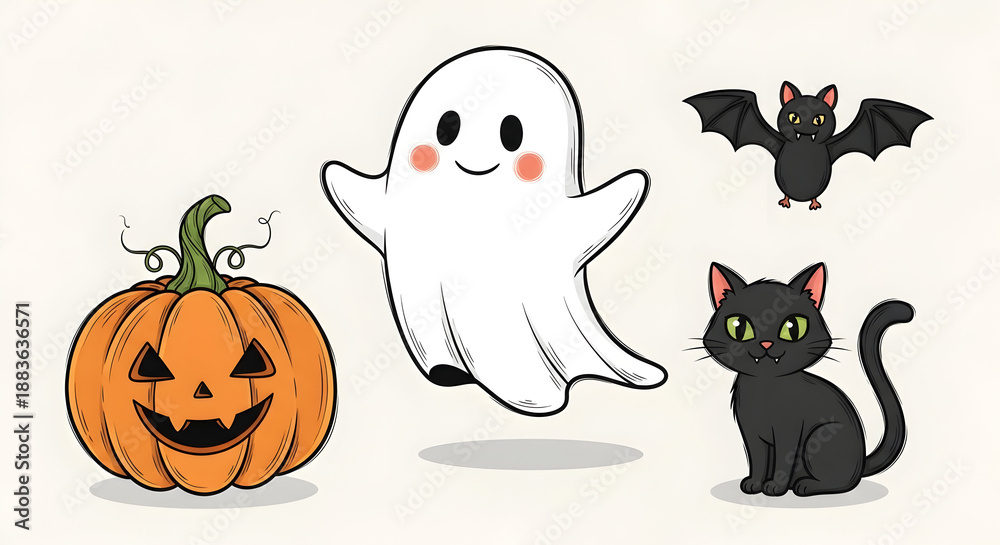 Fototapeta premium Halloween icons including a ghost jack o lantern bat and black cat
