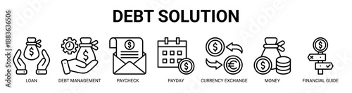 Debt Solution web banner icon vector illustration concept with icon of loan, debt management, paycheck, payday, currency exchange, money, and financial guide.