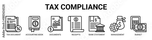 Tax Compliance web banner icon vector illustration concept with icon of tax document, accounting book, financial documents, receipts, bank statement, financial management, and budget.