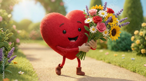 A heart with arms and legs holding a bouquet of flowers in a textile texture style