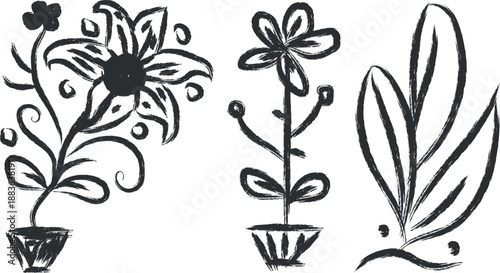 Set of cute hand-drawn flower doodles in pots isolated on white background