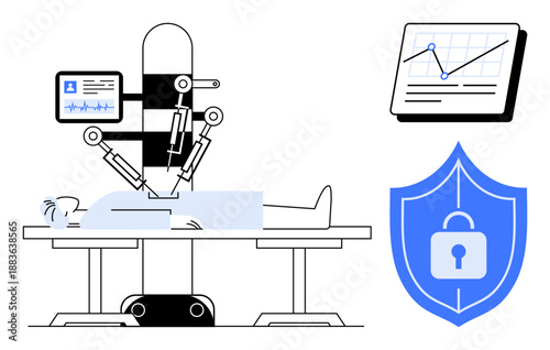 Patient on operating table with robotic arms, monitor displaying health data, statistical chart, and lock shield. Ideal for healthcare, technology, data security, innovation, AI safety surgery