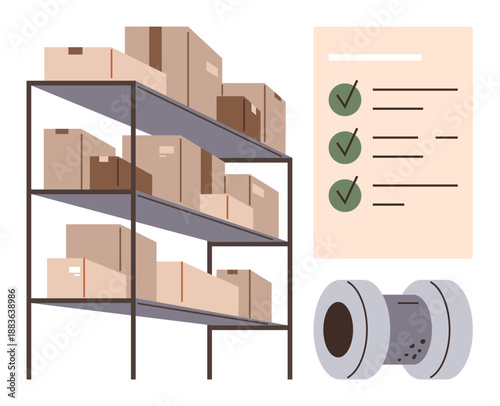 Inventory management, logistics, shipping, warehouse storage, packaging, supply chain. Shelves with cardboard boxes, a checklist and tape roll. Inventory management and logistics concept