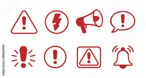 Set of Red Warning and Alert Icons in Minimal Outline Style on White Background