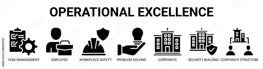 Obraz premium Operational Excellence web banner icon vector illustration concept with icon of Task Management, Employee, Workplace Safety, Problem Solving, Corporate, Security Building, and Corporate Structure.