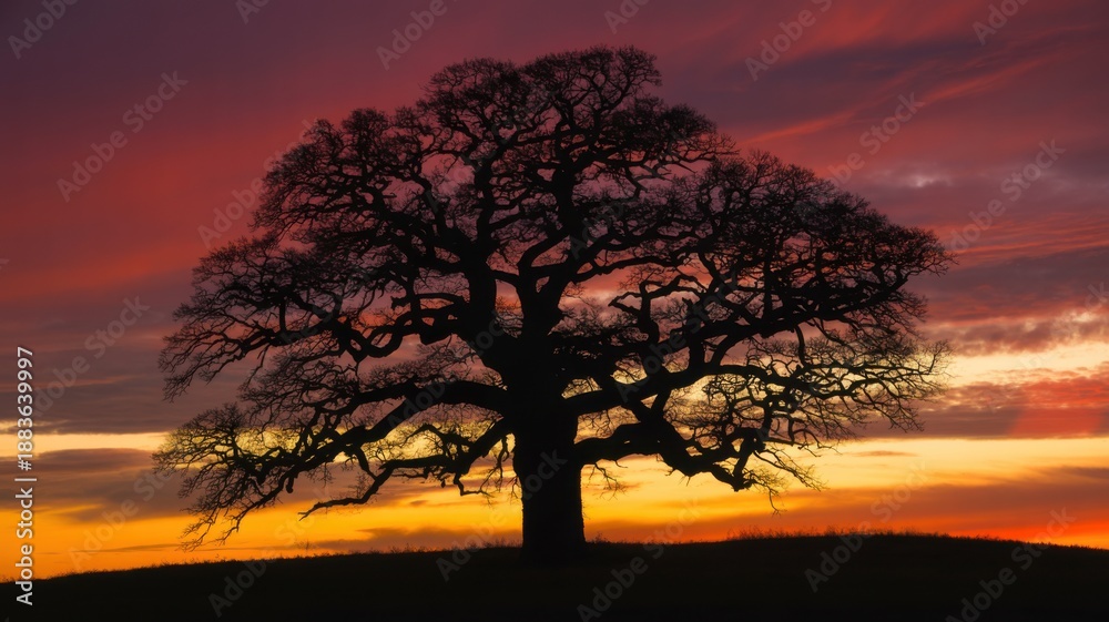 Fototapeta premium Lonely tree silhouette in dramatic landscape with vibrant orange sunset colors for scenic wallpaper