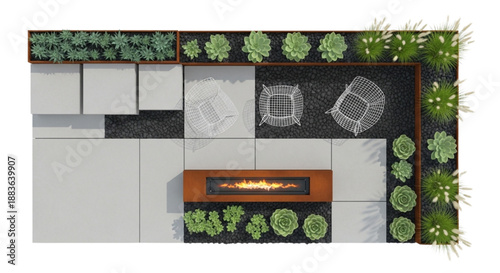 Flat Vector Top View Industrial Loft Terrace Set Featuring Corten Steel, Concrete, and Fire Trough