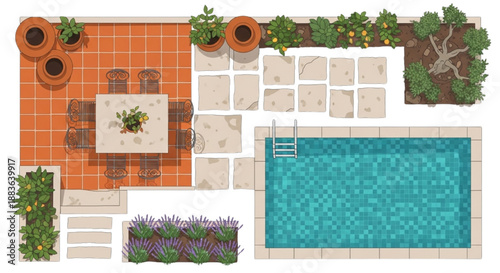 Flat Vector Top View Mediterranean Courtyard Set Featuring Pool, Olive Trees, and Terracotta Tiles