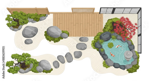 Flat Vector Top View Japandi and Zen Garden Set Featuring Raked Sand and Koi Pond