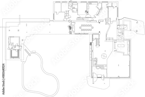 A comprehensive architectural floor plan of a luxury residential estate, featuring a spacious open-concept living and dining area, a large gourmet kitchen, multiple master suites, and an expansive out