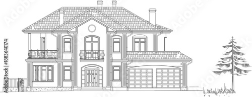 Detailed vector line art illustration of a luxury two-story residential mansion elevation, featuring classical Mediterranean architectural elements, a hip roof with clay tiles, arched windows, decorat