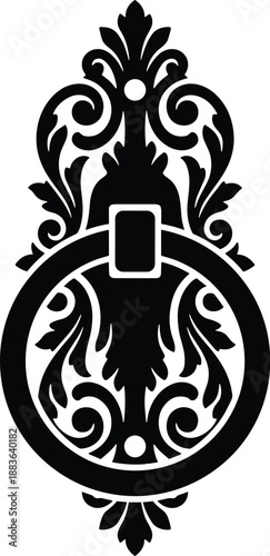 Minimal vector silhouette, antique door knocker (classic ring knocker on a decorative backplate), solid black, isolated on white.