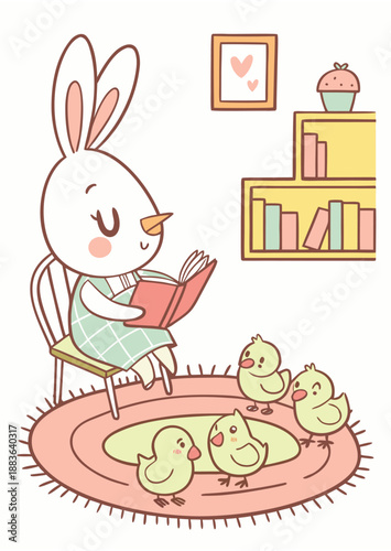 Charming Rabbit Reading To Ducklings, Storytime Illustration For Childrens Books And Nursery Decor
