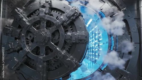 An impressive view of an open vault door, revealing a glimpse of the treasure within, creating a sense of anticipation and security