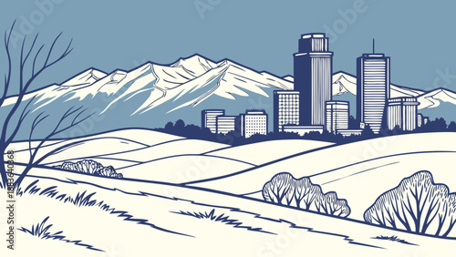 Denver skyline against snowcovered hills and mountains, suitable for travel brochures, city guides, websites, and social media posts.