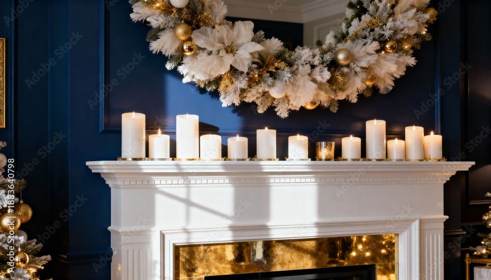 Obraz premium Elegant Christmas fireplace mantel with white candles and gold wreath. Festive holiday interior decoration on blue wall background. Luxury home decor for winter season