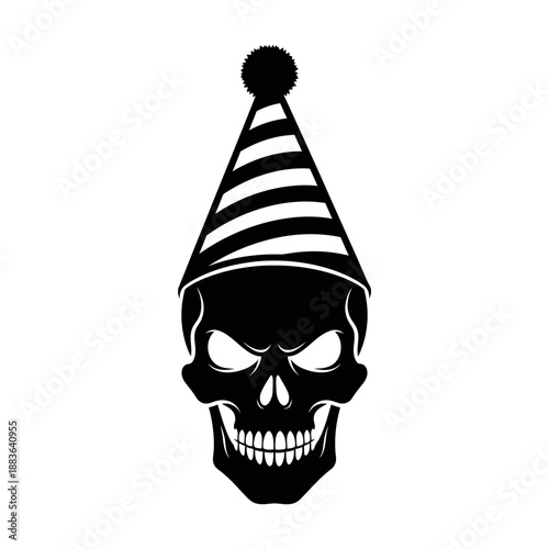 Black skull wearing a party hat with striped design and pompom on top.