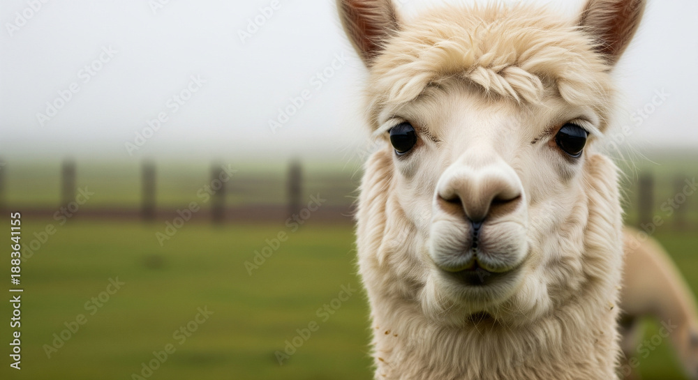 Obraz premium Alpaca chews hay while standing in open field with gentle breeze and greenery in background during daytime