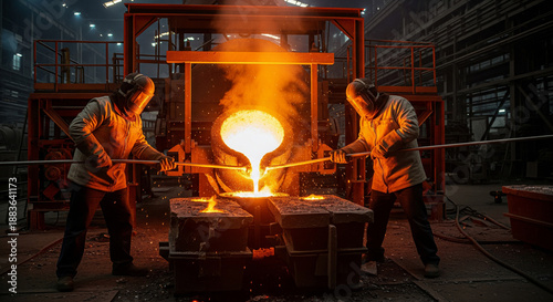 Molten aluminum poured into cooling mold at an aluminum smelting facility in Tajikistan
